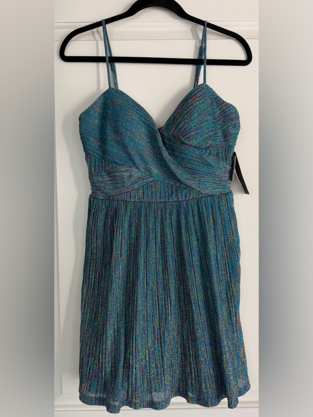 City Studio Teal Thin Strapped Shimmer Pleated Criss Cross Dress